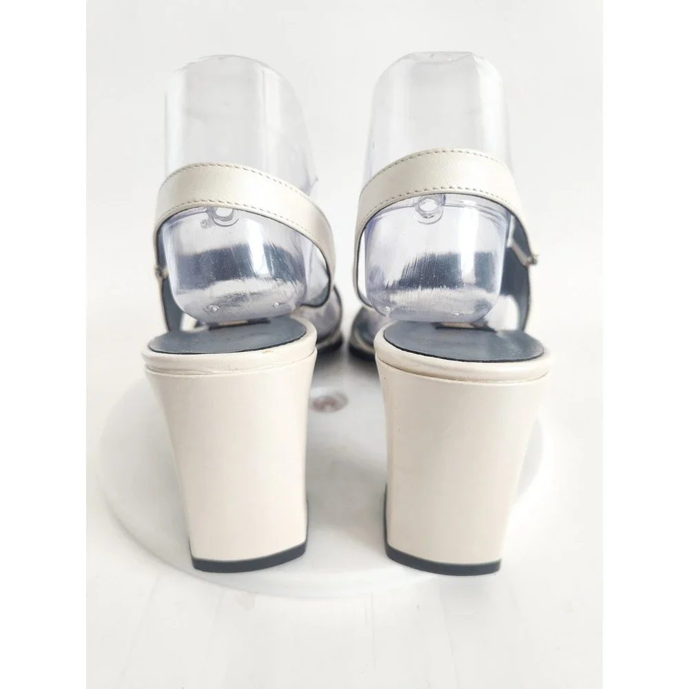 Amalfi Sandals 10 90s Slingback‎ Cream Leather Square Toe Block Heel Italy Vtg
